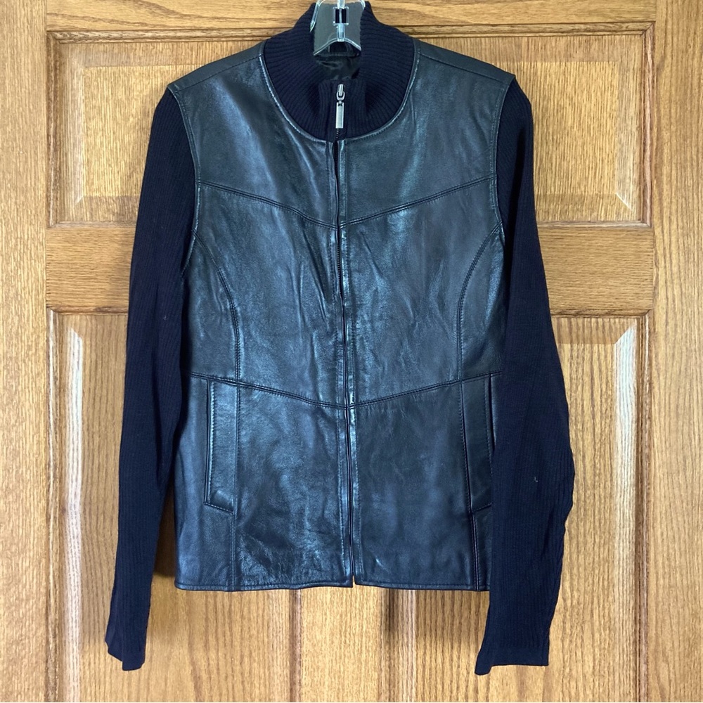 Jaclyn Smith Black Leather & Sweater Zip-up Jacket 12